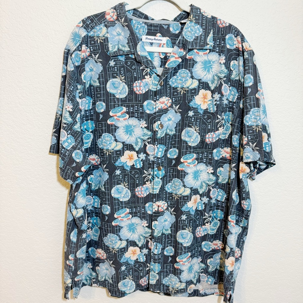 Tommy Bahama Camp 100% Silk Hawaiian Button Down Shirt Spell Out Hibiscus ‎ XXL